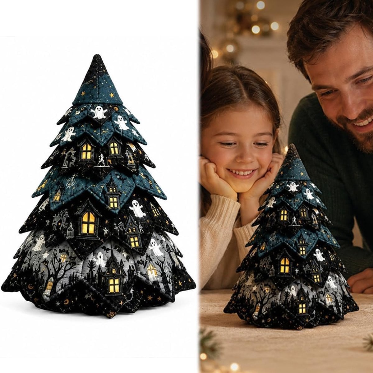 DIY Halloween Gequilte Stoffen Kerstboomset Spookhuis - 3D Handgemaakt Naaiproject voor op het Bureau - 17 x 11 x 9 cm