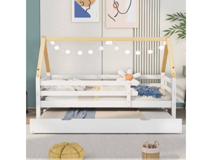 Lit enfant cabane extensible - SOGEU - Lit cabane extensible - 90x200 cm - Bois massif pin - Sommier à lattes inclus