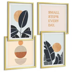 BILDER SET 4er Set - 50x50 cm & 40x60 cm Goldrahmen - Pflanzenmuster große minimalistische Sonnen