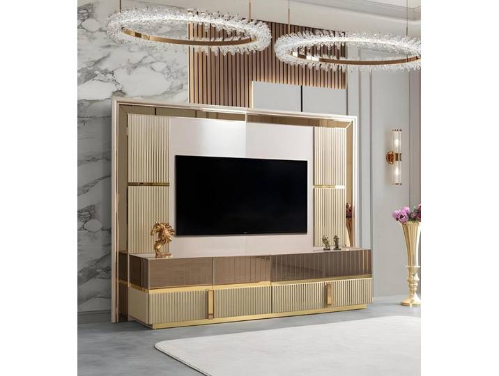 Xlmoebel TV-Schrank Moderner TV Ständer mit strukturierter Front und Glasdetails (Moderner TV Ständer) Made in Europa