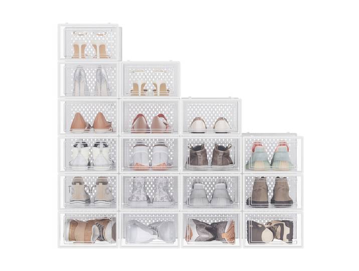 Ochama Lot de 18 boîtes de rangement empilables pour chaussures de sport, Transparent/Gris, 33,3 x 23,1 x 14,3 cm