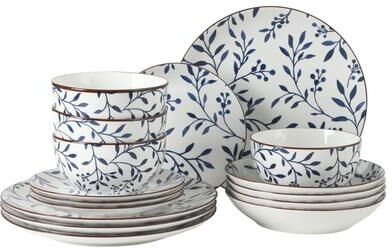 Gibson Home Palace Suite 16-Piece Dinnerware Set, Blue Floral Stoneware Plates & Bowls, Service for 4