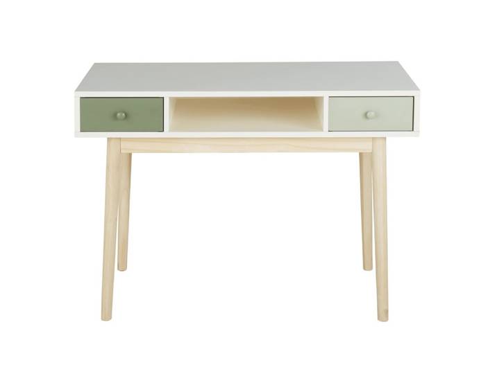 Weißer Vintage-Schreibtisch mit 2 grün Schubladen