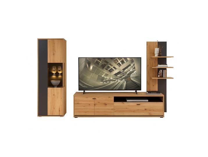 Livetastic Wohnwand, Graphit, Eiche Artisan, Glas, 3-teilig, 8 Fächer, warmweiß, 310x205x49 cm, Beleuchtung, Wohnzimmer, Wohnwände, Anbauwände