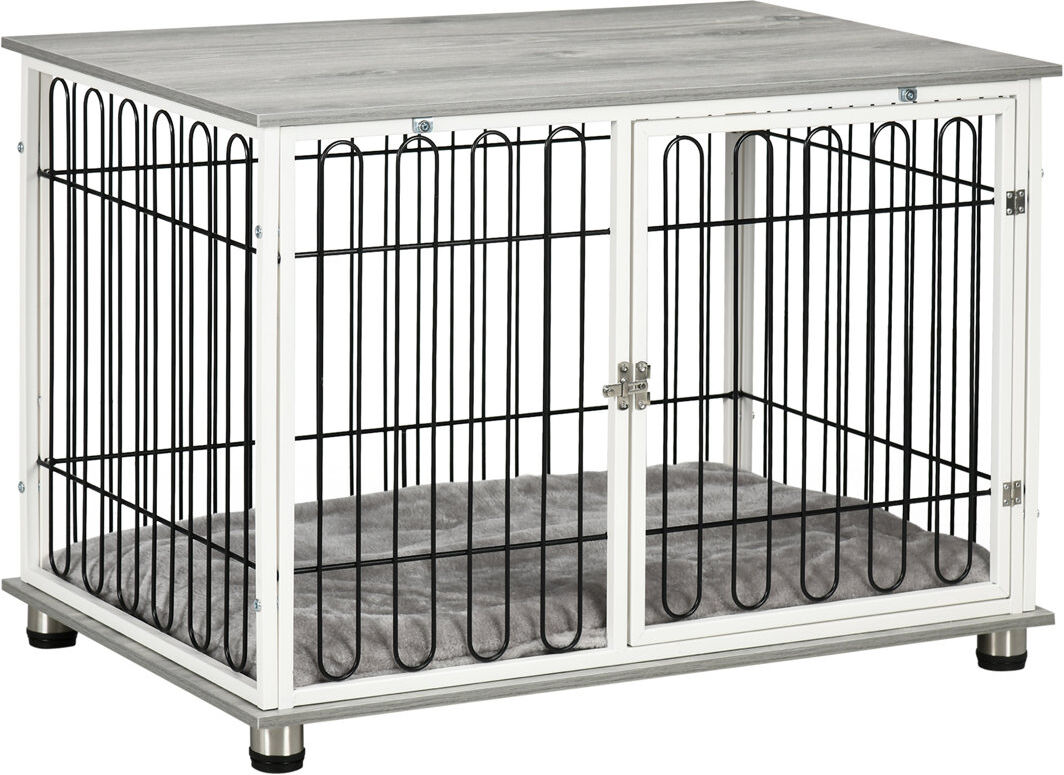 PawHut Dog Crate Furniture End Table with Soft Washable Cushion Lockable Door Gray Medium (20-50lbs)