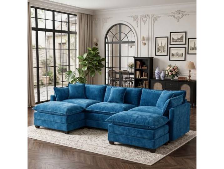 U-förmiges Sofamodul 3-Sitzer, 289 cm, Chenille blau, mit Kissen Frei kombinierbares modulares Sofa aus Chenille mit Armlehnenpaneelen, ideal für Wohnhäuser und Wohnungen.