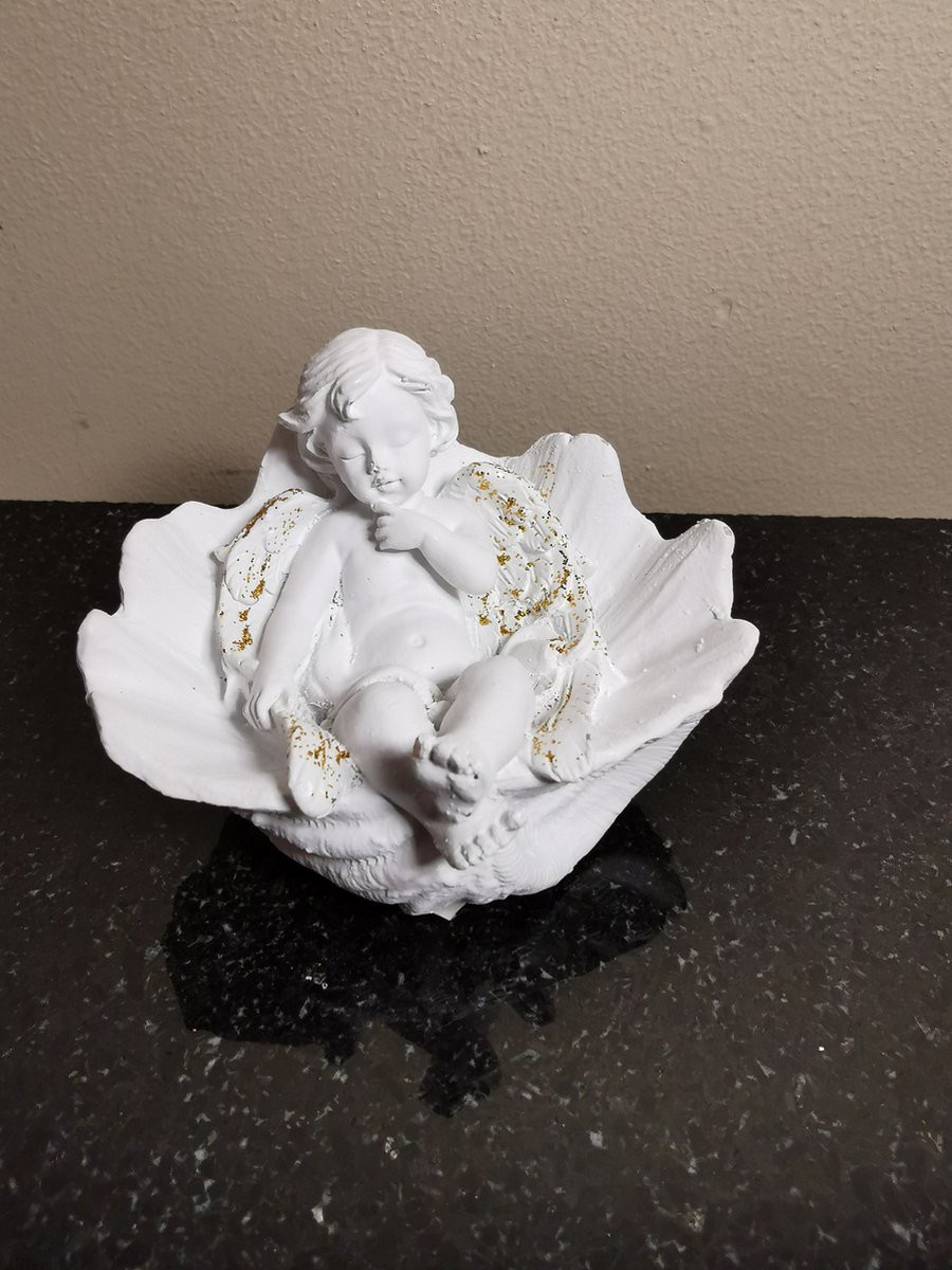 Mel-O-Design Cherubijntje met vleugels en gouden glitter in een schelp voor op tafel