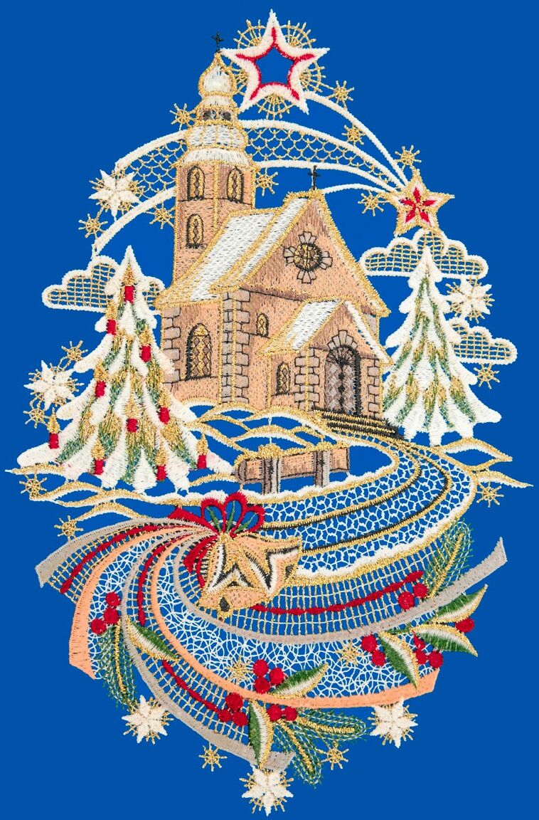 Fensterbild "Weihnachtskirche" Gr. 1, bunt (braun, goldfarben, rot), B:21cm H:32cm, Polyester, W. REUTER & SOHN - PLAUENER SPITZE, Fensterbilder, Fensterbild, Made in Germany braun, goldfarben, rot B/L: 21cm x 32cm