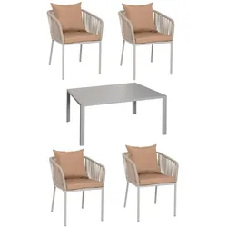 PROREGAL Gartengarnitur Tisch+4xStuhl wetterfest Alu 140x80cm Seilgeflecht Rope Grau Kissen Taupe