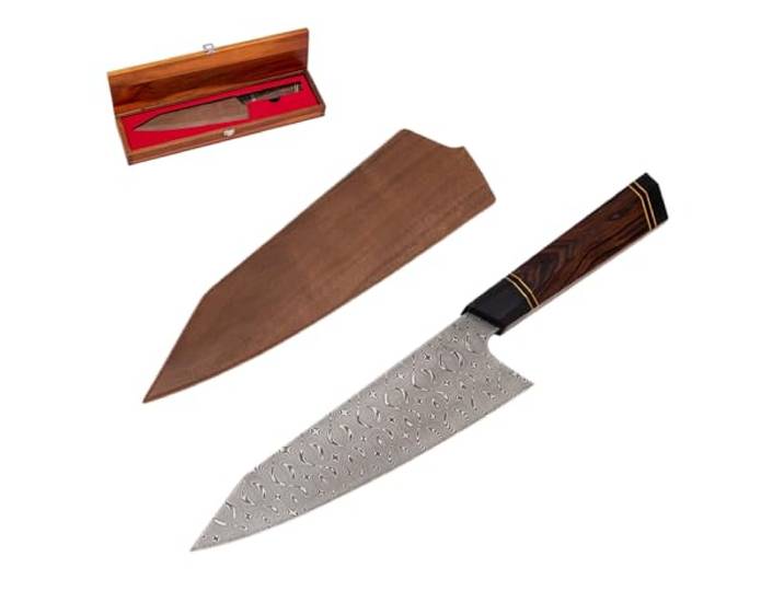 BABOSSA® Damast Chefmesser 21.5cm aus 110 Schichten echtem Damaszener Stahl mit Wüsteneisenholzgriff Inkl. hochwertiger Box aus Akazienholz und Messerscheide aus Walnussholz