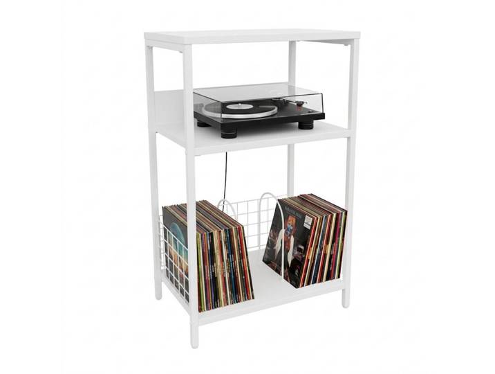 Relaxdays Regal Weiß Plattenspieler Schallplatten 3 Ebenen, Holzwerkstoff, Metall, 40x65x30 cm, Wohnzimmer, Regal
