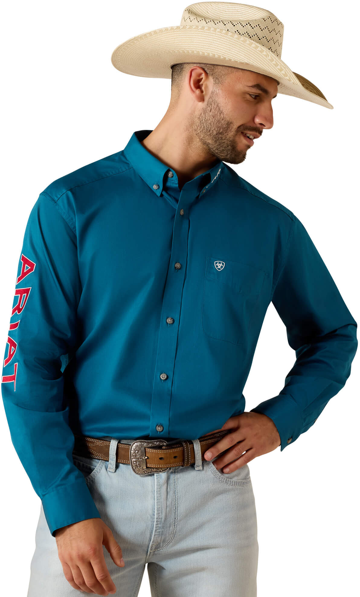 Men's Team Logo Lightweight Twill Classic Fit Shirt in Corsair Red Cotton, Size: Small by Ariat