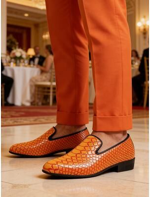 LightInthebox Men's Orange Crocodile-Embossed Dress Loafers, Bold Color Leather Upper, Fashion Luxury Style, Ideal for Trendsetters Evening Events and Weddings