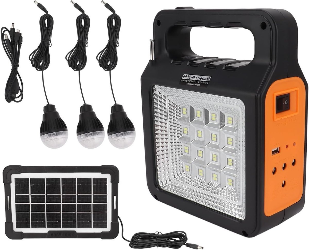 OEM Draagbare Zonne-energie Power Station met 6000mAh Accu, Hoofdlamp en 3 Lampen, Zwart