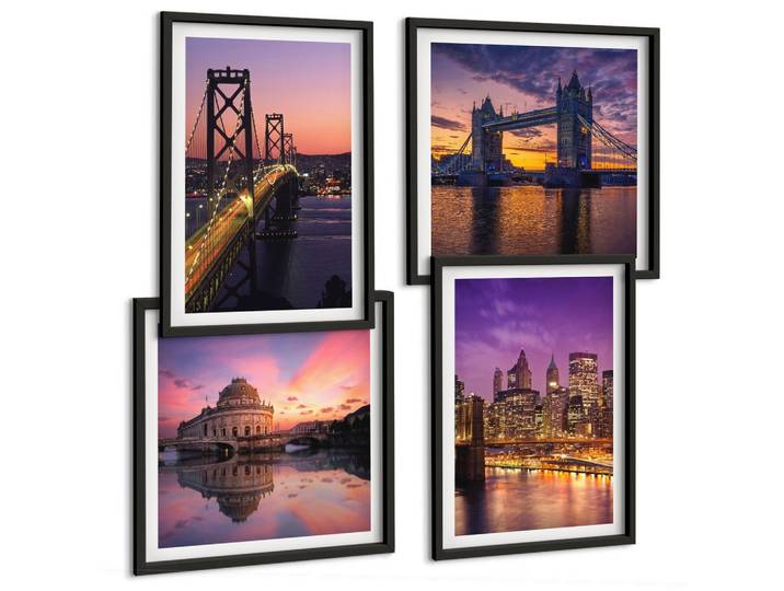 BILDER SET 4er Set - 50x50 cm & 40x60 cm Schwarzer Rahmen - Brücken, Sonne, Stadtblick
