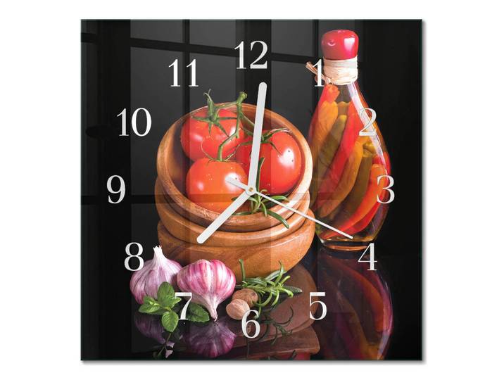 Tulup Wanduhr 30x30 cm - Tomaten und Knoblauch, Rot, Glas, Quadratisch, 30x30x0.4 cm, Dekoration, Uhren, Wanduhren