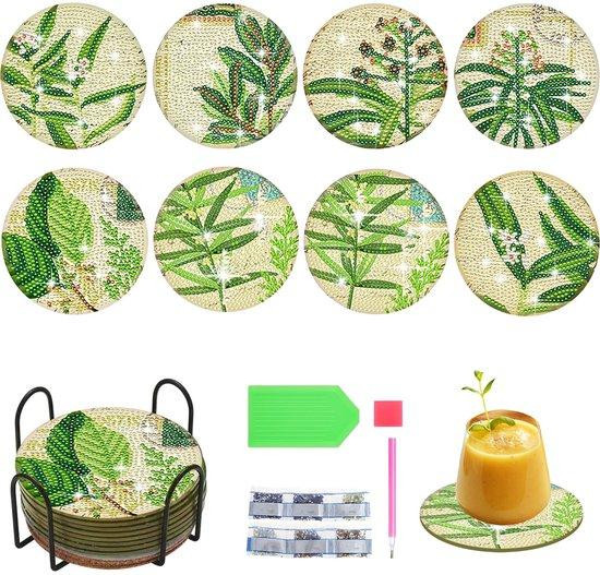 Ibenzoa 8-delige set onderzetters voor Diamond Painting met houder, 5D plantmotieven, acryl en hout, inclusief accessoires