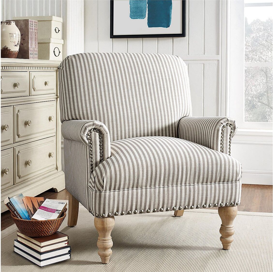 Dorel Home Silla decorativa en lino beige a rayas