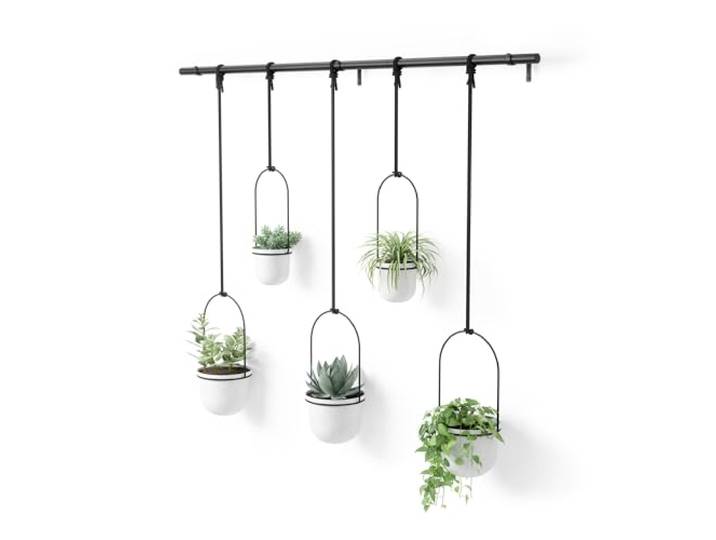 Umbra Triflora Blumenampel, 5er-Set, Wandmontage, Weiss/Schwarz Höhenverstellbar, für Kräuter und Rankpflanzen, Deckenmontage, alle Befestigungen enthalten, recycelter Kunststoff