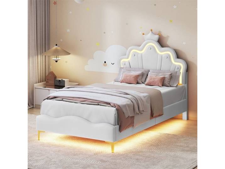 Lit enfant 90x200 cm - Lit simple 90x200 cm avec LED - Lit princesse couronne et nuage pour fille - Sans matelas - Blanc