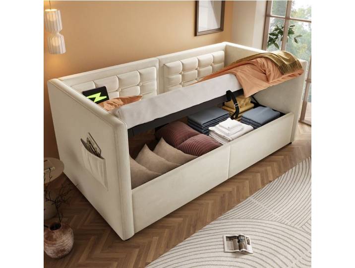 WOVREO Lit banquette 90x200 cm avec coffre hydraulique USB et Type-C velours beige sans matelas