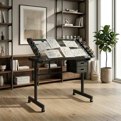 Kodotan sofa Adjustable Art Drawing Desk Craft Station Drafting with 2 fabric Drawers and 4 Wheels (white)