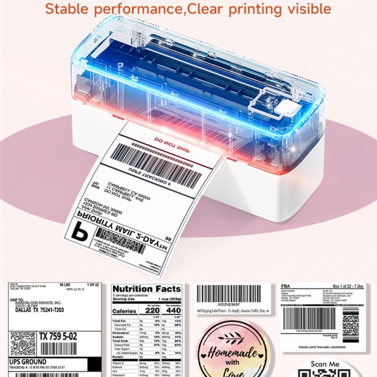 INF Imprimante d'étiquettes thermique Bluetooth - 203dpi, 150mm/s, largeur d'impression 108mm, USB + BT, application Labelife Blanc + rose