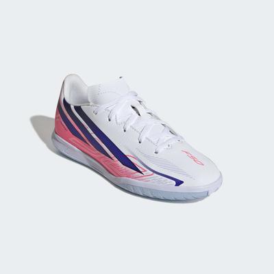 Fußballschuh ADIDAS PERFORMANCE "F50 HYPERFAST CLUB KIDS", Mädchen, Gr. 33, pink (cloud weiß, solar lila, solar turbo), Synthetik, Schuhe Fußballschuh, für Hallenboden, für Jugendliche & Kinder