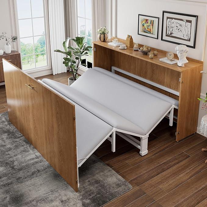 Schrankbett 140x200 cm Klappbett mit Leinenmatratze (mit Matratze), Metallgestell mit leisen Rollen, platzsparendes Design für Gästezimmer