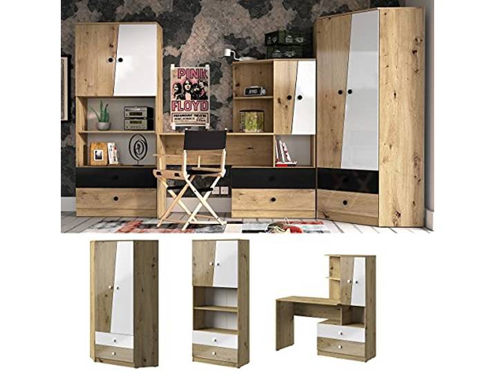 QMM Jugendzimmer Kinderzimmer komplett Neo Set A Schrank Schreibtisch Regale (Weiß-Matt)