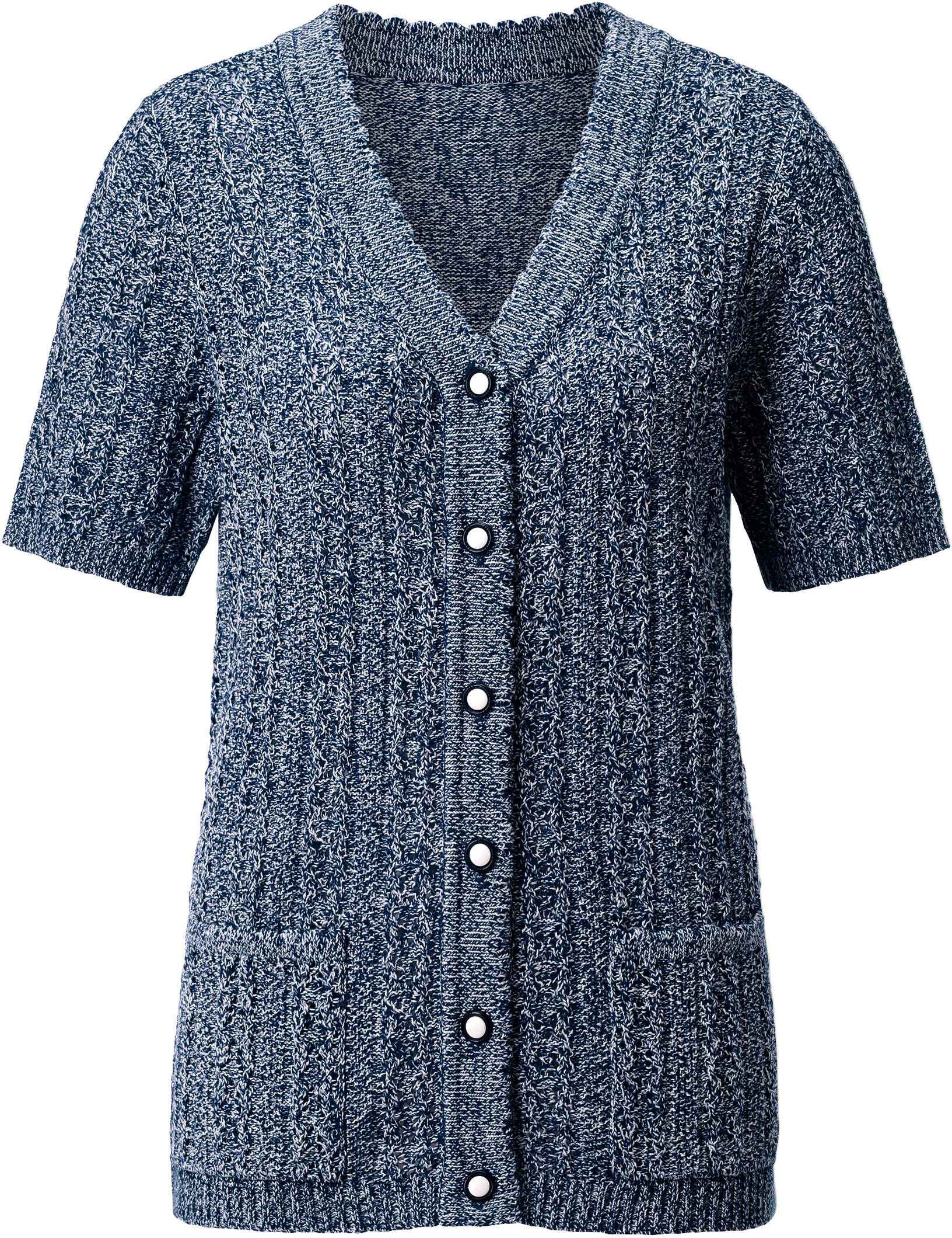 Strickjacke WITT "Strickjacke Ajourstrickjacke mit Taschen, aufgesetzt", Damen, Gr. 42, blau (marine, hellblau, meliert), Basic, V-Ausschnitt, Strickjacken Strickjacke