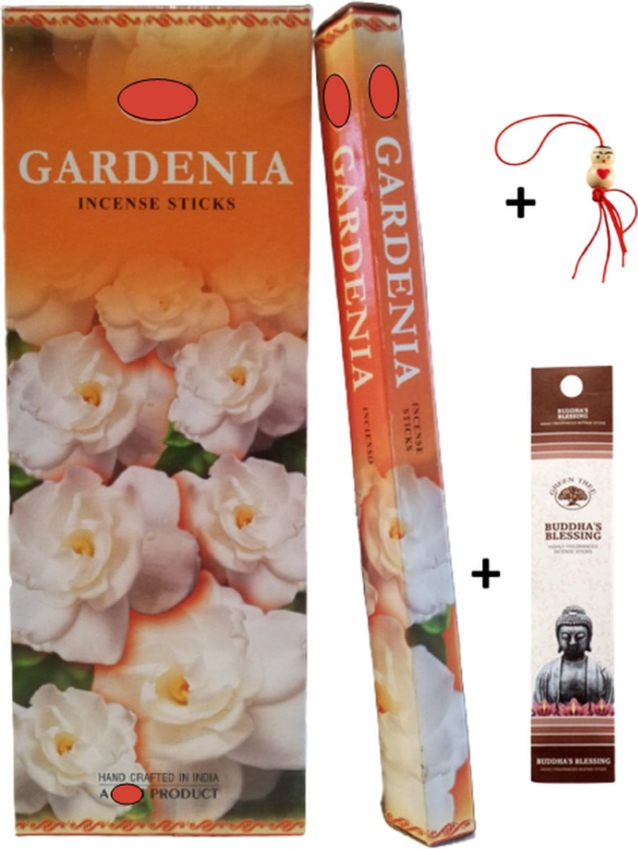 Doos met 120 Gardenia wierookstokjes en 5 mini wierookstokjes inclusief gelukspoppetje