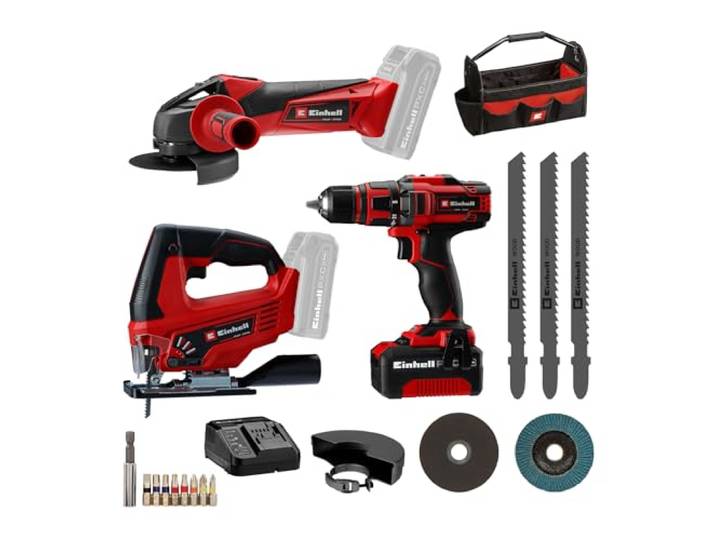 Einhell Set d’outils sans fil TE-TK 18/3 Li Kit PXC 18 V perceuse-visseuse TE-CD 18/40 Li meuleuse TC-AG 18/115 Li scie sauteuse TC-JS 18 Li batterie 4\,0 Ah