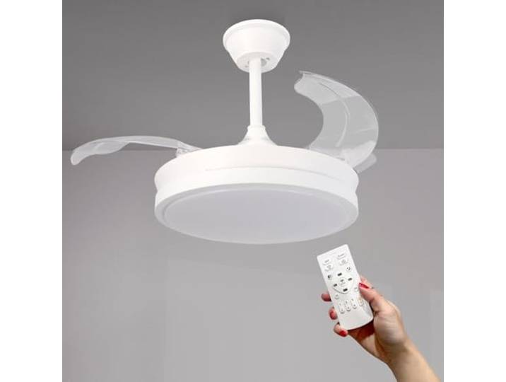 M mimotec - Ventilateur de plafond avec lumière LED White Thor\, avec télécommande\, moteur DC\, 6 vitesses\, silencieux\, pales rétractables\, fonction été-hiver\, minuterie\, lumière CCT dimmable. LM8821