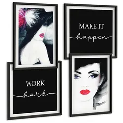 BILDER SET 4er Set - 50x50 cm & 40x60 cm Schwarzer Rahmen - Porträts von Frauen mit Lippen