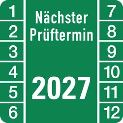 Prüfplakette ab 27, Nächster Prüftermin, Jahresfarben - Bogen = 10 Plaketten - 30 x 30 mm Folie selbstklebend