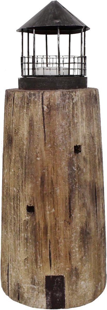 Decoratieve Vuurtoren Lantaarn van Metaal en Hout - Maritiem Theelichthouder voor Binnen en Buiten