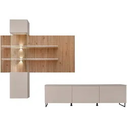 WOHNWAND Sand matt, Eiche Artisan 280 cm, Schrankwand inklusive LED Beleuchtung