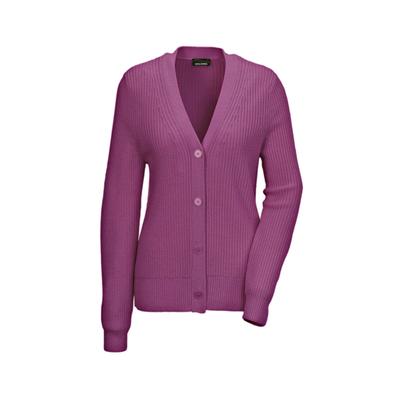 Strickjacke GOLDNER "Elegante Strickjacke mit V-Ausschnitt", Damen, Gr. 54, lila (maulbeere), Obermaterial: 70% Polyacryl PAN. 30% Schurwolle WV., V-Ausschnitt, Rippe, Strickjacken Strickjacke, Hochwertige Strickminderungen