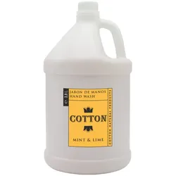 Cotton Handseife Kanister 3.8L, cremefarbenes halbtransparentes Produkt, Minze-Limetten-Duft, transluzenter Behälter zur Füllstandskontrolle.