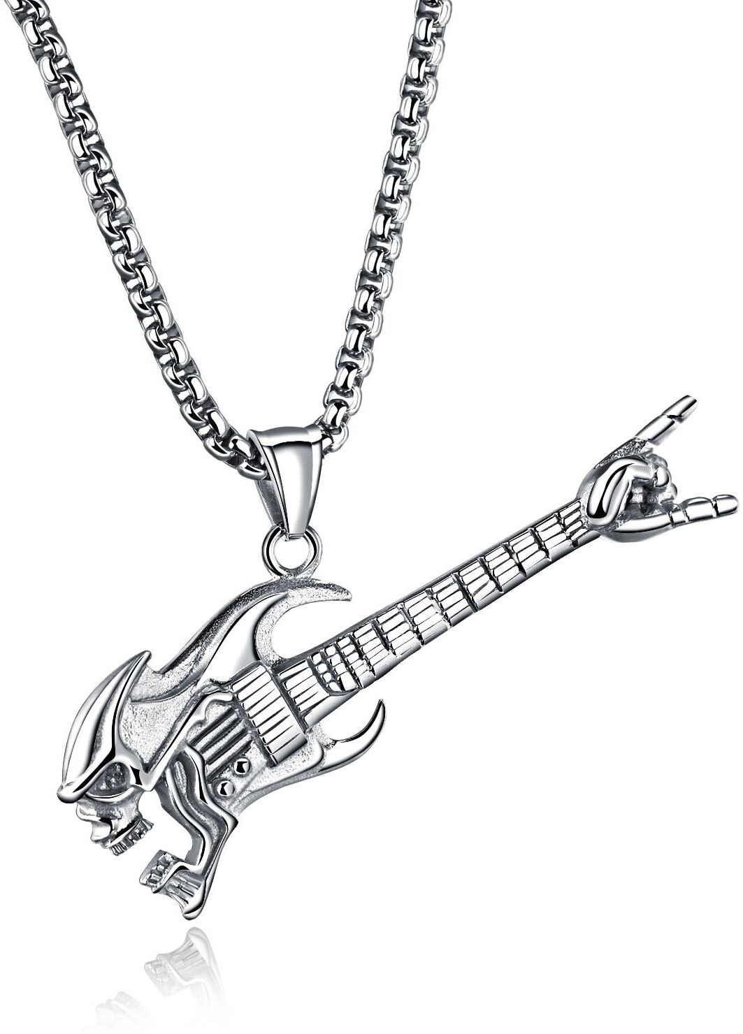 Kette mit Anhänger FIRETTI "Schmuck Geschenk Gitarre, Totenkopf, sturkturiert, teilw. geschwärzt", schwarz (edelstahlfarben, schwarz), Halsketten, Herren, Edelstahl, L: 55 B: 3mm, Kette mit Anhänger, B:3mm edelstahlfarben, schwarz Edelstahl, L: 55 B: 3mm