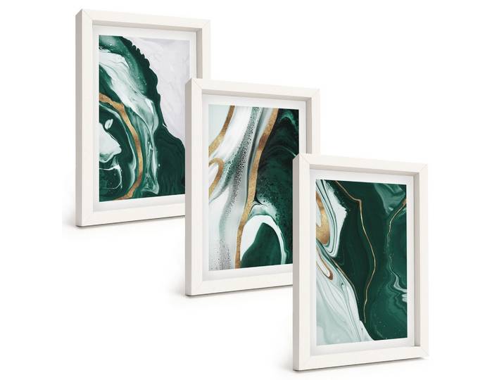 BILDER SET 3er Set - 20x30 cm Weißer Rahmen - Abstrakte grüne Farbmuster