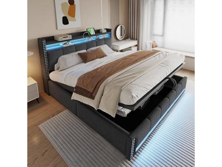 Ball & Cast Doppelbett 180x200 mit Beleuchtung und Ladestation, Grau Stauraumbett mit Beleuchtung und USB-Steckdose. Kopfteil aus Leinen mit Einlegeböden. Ohne Matratze