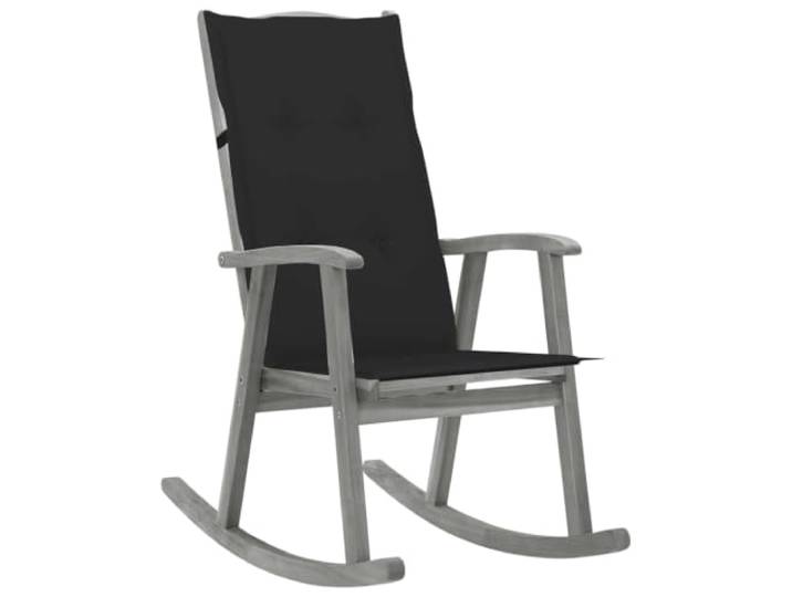 LKJephalotrope Schaukelstuhl Holz mit Auflage Grau Massivholz Akazie Bequemer Holzsessel mit schwarzem Polster für Terrasse und Wohnzimmer. Ergonomische hohe Rückenlehne zum Entspannen.