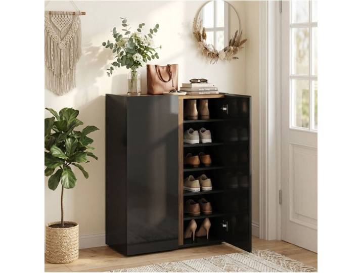 Armoire à chaussures avec ouverture sécurisée silencieuse 6 étagères design sans poignées noir brillant