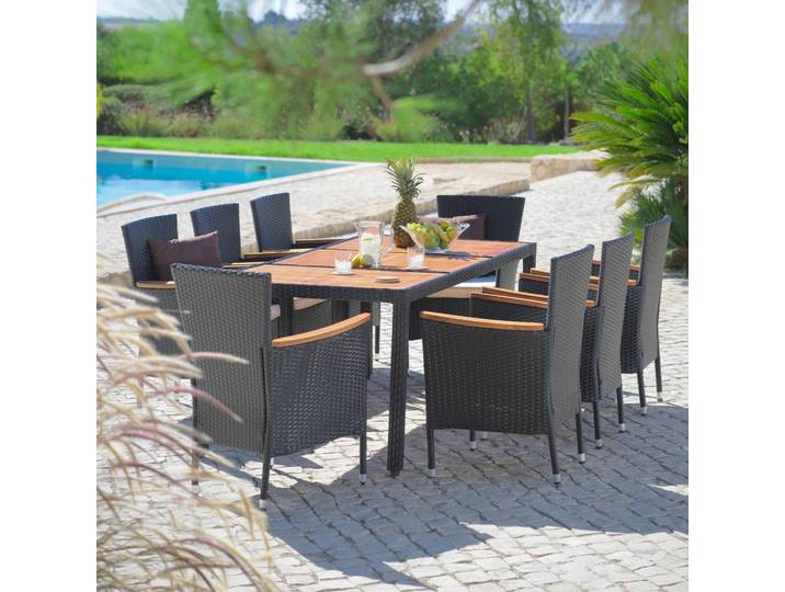 Gartengarnitur 9--Teilig Moa Polyrattan u. Holz mit Kissen