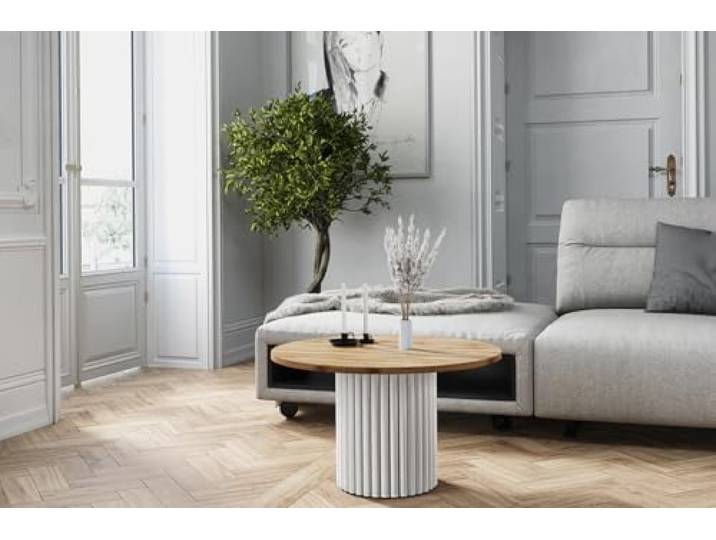LOMELO – Runder Couchtisch im modernen Design (67x67x42 cm) (Weiß/Wotan)