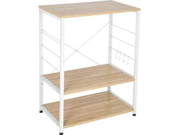 WOLTU Étagère four à micro-ondes étagère de cuisine en bois massif et cadre avec de l'acier 60x39x74cm Blanc+chêne clair