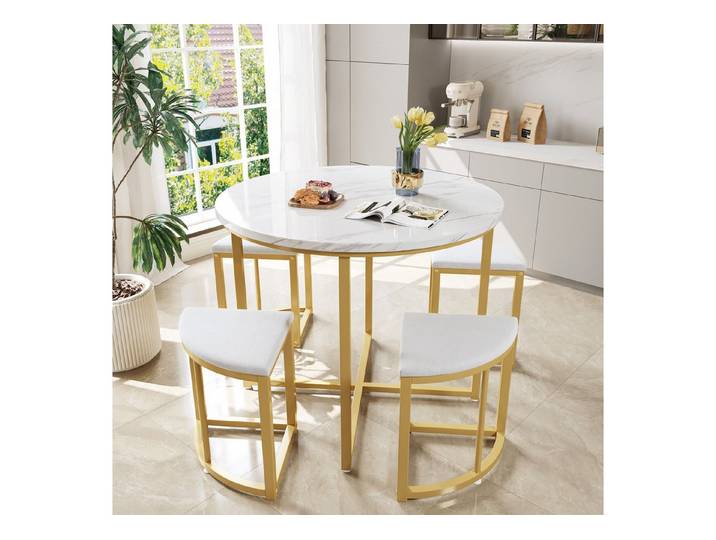 TavilaEcon Essgruppe Esszimmertisch-Set mit vier Stühlen, MDF-Tischplatte, (5-tlg), rund Esstisch, 4 kleinen Hockers