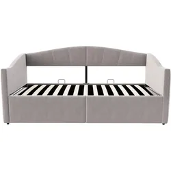 OKWISH Polsterbett Schlafsofa Samt Hellgrau 90x200 cm, mit hydraulischem Stauraum, Lattenrost, Rückenlehne und Armlehnen